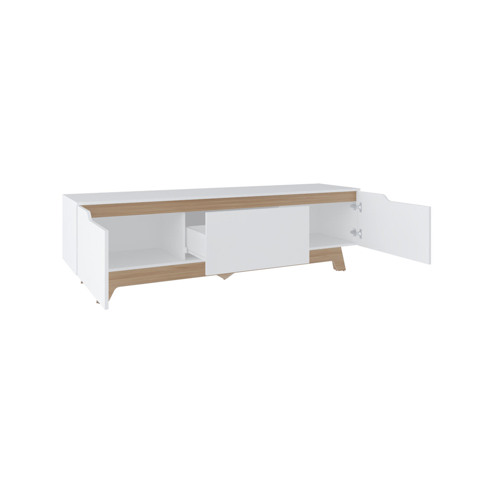 English Elm Yukon TV Stand with White & Macadamia Finish — Elegant Engineered Wood Media Console, 3 Doors, Ample Storage B092P315587