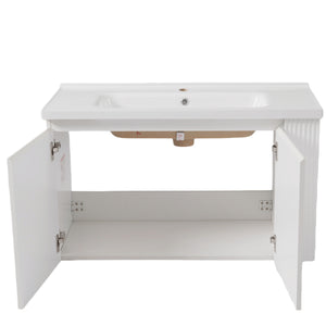 English Elm Christopher Knight Home® - 36" Modern Wall-Mounted Bathroom Vanity with Ceramic Sink, Soft-Close Doors, Fluted Accent & Open Shelves White N817P245322W