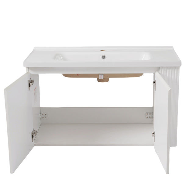 English Elm Christopher Knight Home® - 36" Modern Wall-Mounted Bathroom Vanity with Ceramic Sink, Soft-Close Doors, Fluted Accent & Open Shelves White N817P245322W