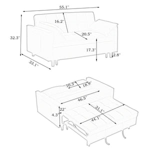 English Elm Modern Velvet Sofa Pull-Out Bed 3-in-1 Convertible Love Seat with Pillows, Spacious 500lb Support Beige W3371P314973