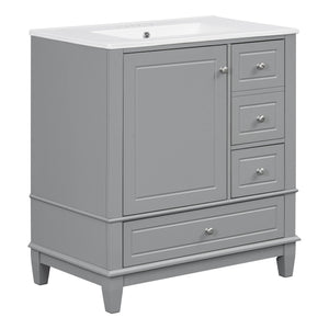 English Elm Christopher Knight Home® - 30" Freestanding Bathroom Vanity with Ceramic Sink, Soft-Close Door, Gold Knobs & 3 Drawers, Durable Painted Finish Grey N759P225994E