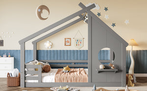 English Elm Twin House Bed Low Profile Pine Wood Frame with Shelf Montessori Kids Floor Sleeping Gray W5305P429646