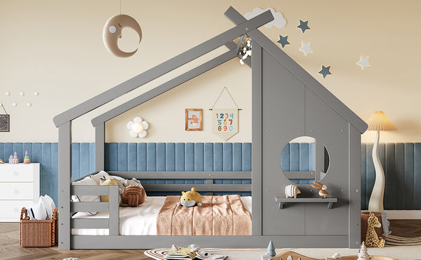 English Elm Twin House Bed Low Profile Pine Wood Frame with Shelf Montessori Kids Floor Sleeping Gray W5305P429646