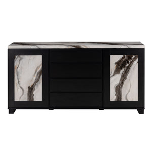 English Elm Stacey Contemporary Black Buffet with Marble Accents, Solid Wood & MDF, 4 Drawers + Doors Included B201P290554