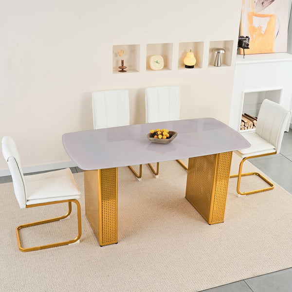 English Elm Modern Pu Leather Cantilever Dining Chairs Set of 4 with Steel Arc Frame for Kitchen White+Gold W5123P454212