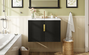 English Elm 30" Vintage Bathroom Vanity with Ceramic Sink — Wall-Mount MDF & Solid Wood Cabinet, Storage, Sleek Finish Black N710P214100B