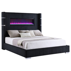 English Elm Judah Black Upholstered Queen Bed With Wingback Design & Remote-Controlled Flame Visualizer Display B062P375548