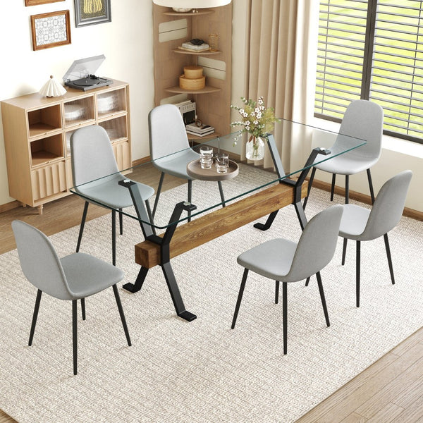English Elm Table And Chair Set - Modern 79" Glass Top With X-Shaped Black Metal Legs & 6 Light Gray Linen Chairs W1151S03604-GIGA