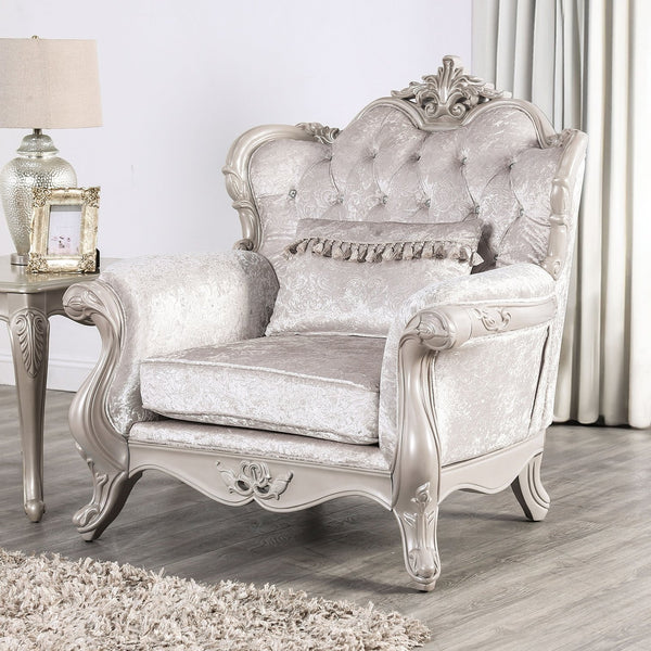 English Elm Off Acapulco Chair Off White Tufted Wingback Chair 44"W Traditional Crown Molding Carved Legs B2741P380816