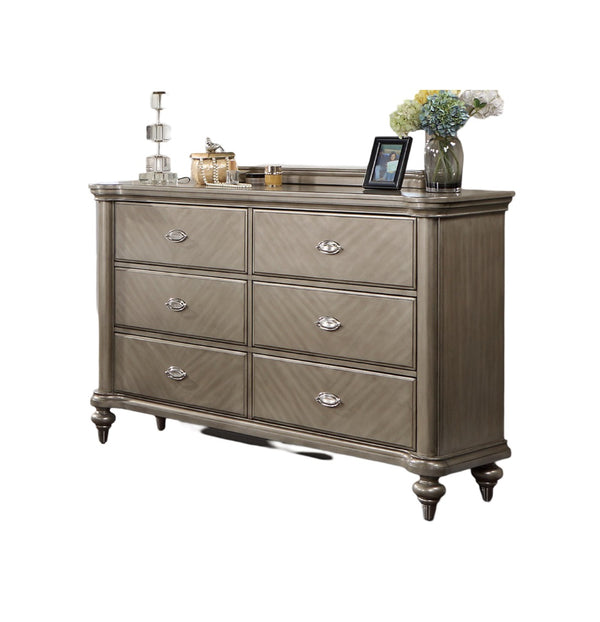 English Elm Luxury Modern Antique Silver Champagne Dresser with Mirror — 64" 6-Drawer Glam Storage for Bedroom Decor B011S01153