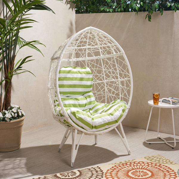 English Elm Christopher Knight Home® - GIANNI Teardrop Wicker Outdoor Chair with Water-Resistant Cushion, Handcrafted Faux Rattan Iron Frame Comfort White+Green 65645.00WGRN