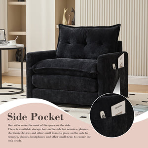 English Elm UNITED Swivel Barrel Chair with Chenille Upholstery, 360° Smooth Rotation, Padded Arm Comfort and Side Pockets for Living Room Relaxation Black W1568P290088
