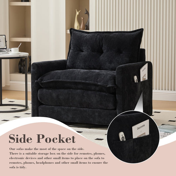 English Elm UNITED Swivel Barrel Chair with Chenille Upholstery, 360° Smooth Rotation, Padded Arm Comfort and Side Pockets for Living Room Relaxation Black W1568P290088