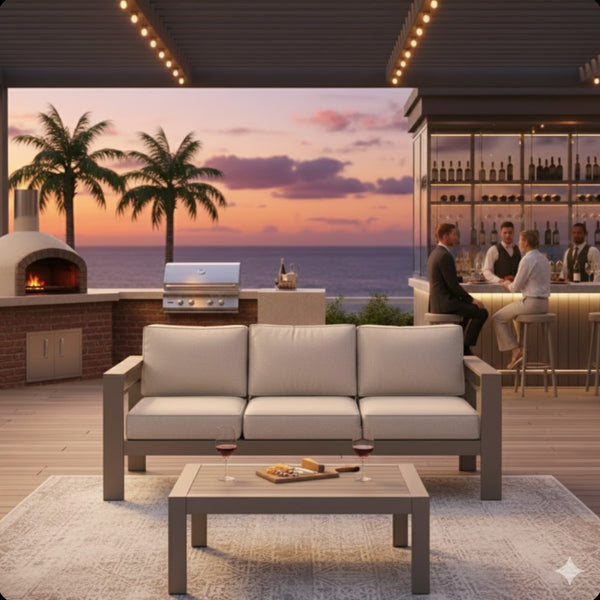 English Elm 2 Piece Outdoor Iron Patio Sofa Set with Thick Cushions and Wood Grain Coffee Table Light Khaki+Beige B082P455115