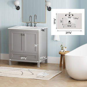 English Elm Freestanding Bathroom Vanity Solid Wood Frame Carrara Marble Top Soft Close Storage W1573S00086