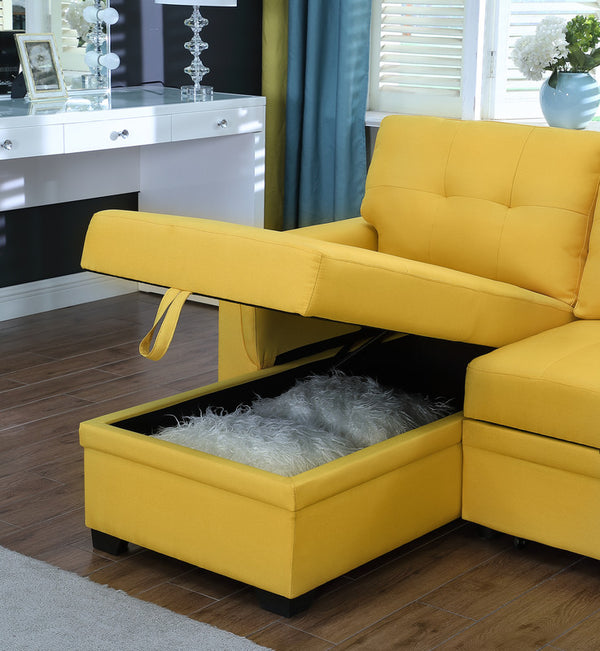 English Elm Jardin Linen Upholstered Sleeper Sectional with Reversible Chaise and Hidden Storage Yellow B2749S00009