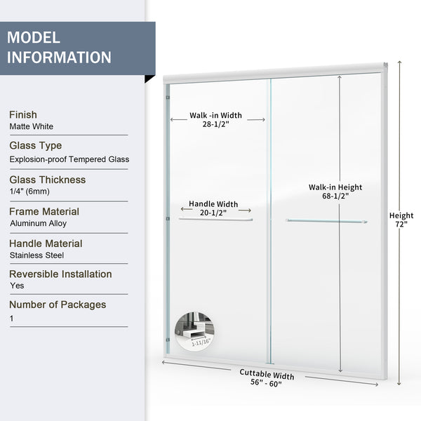 English Elm 56" Semi-frameless Bypass Shower Door Tempered Glass White Aluminum Walk-in W1920S00201