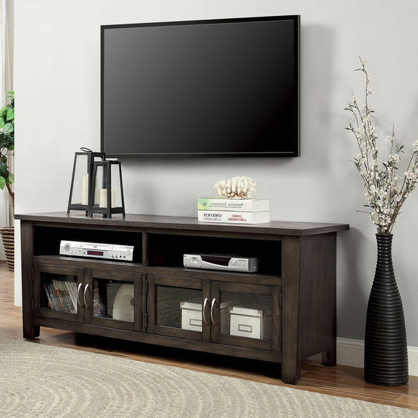 English Elm Transitional TV Console with Dual Cabinets and Open Shelves, 60" Media Stand with Rear Wire Access Gray 63 L x 24 W x 9 H B2741P361926