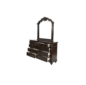 English Elm Traditional Antique Cherry/Walnut Dresser with Mirror, 9 Drawers, Carved Floral Accents, Metal Hardware and Bun Feet B011S01151
