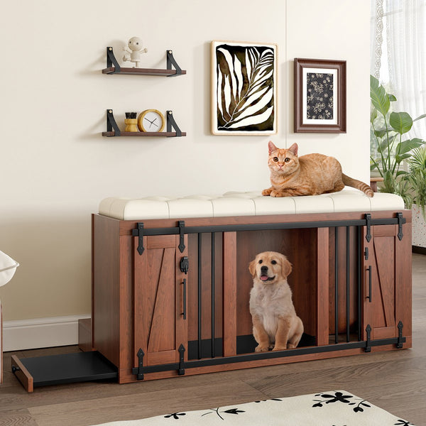 English Elm 56"L, 56"L Mid-Century Walnut Dog Crate Bench Ottoman with Sliding Barn Door, Padded Removable Cushion, Wheels, 300lb耐 N843P293660W