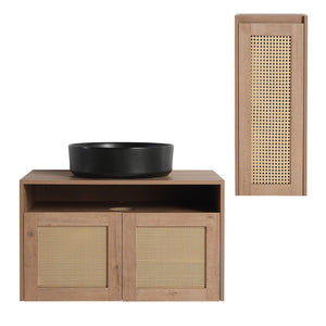 English Elm 30" Floating Bathroom Vanity Set with Ceramic Vessel Sink and Rattan Side Cabinet W999S00496