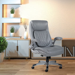 OSP Home Furnishings Executive Tufted Bonded Leather Office Chair with Lumbar Support and Flip up Arms Grey ECH75137-EC2