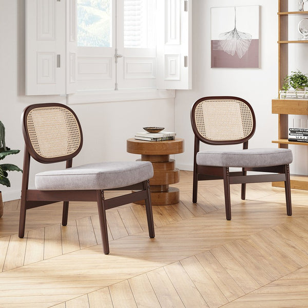English Elm Rattan Mid-Century Accent Chair with Handcrafted Rattan Back, Solid Wood Frame, Comfortable Velvet Seat khaki T3623P409099