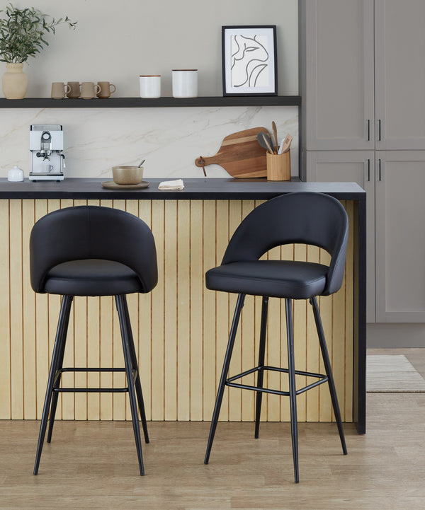 English Elm Fixed-height Metal Frame Barstools with Upholstered Seats and Geometric Footrest Set of 2 Black B202S01943