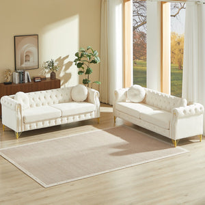English Elm Velvet Chesterfield Tufted Sofa with Copper Stud Trim and Gold Legs for Glam Living Beige W834S00623