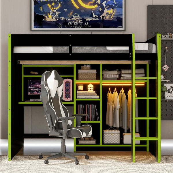 English Elm Full Size Loft Bed with Rgb Lighting Desk Open Wardrobe and Storage for Gaming Rooms Green LT000277AAG