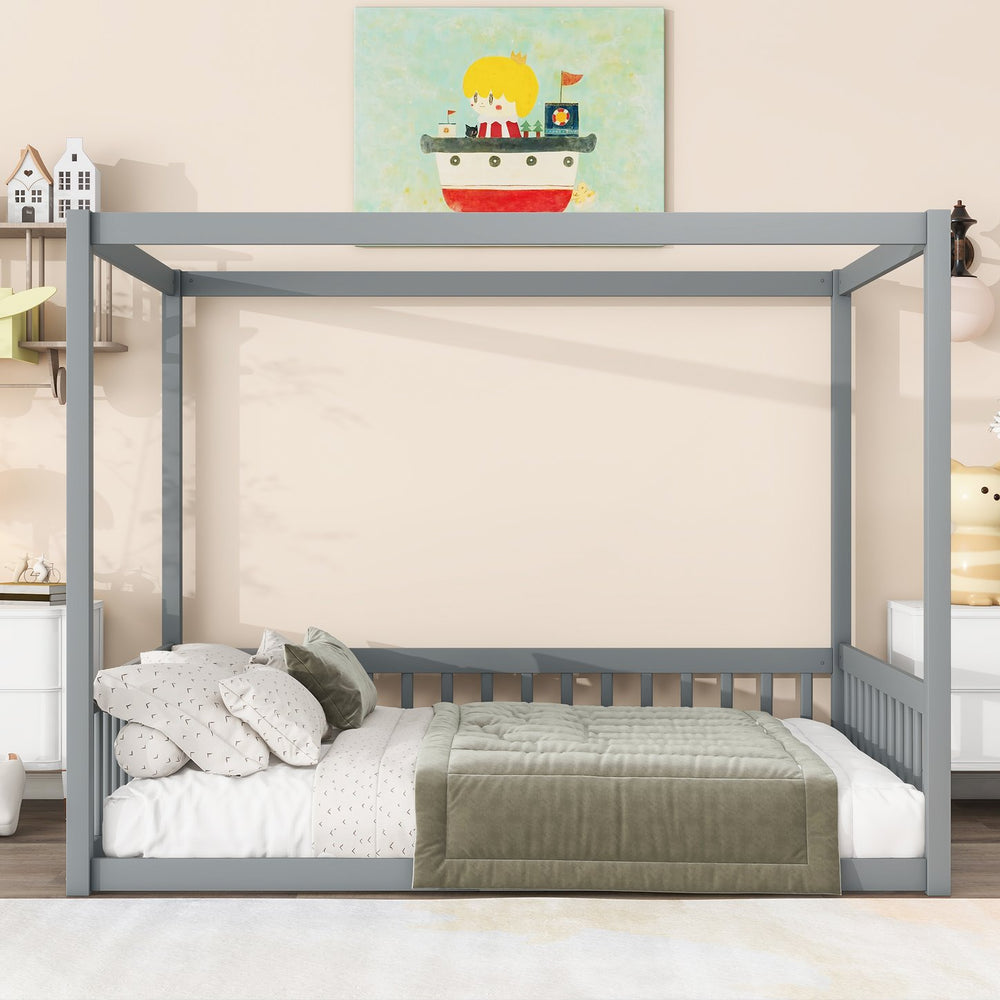 English Elm Full Size Canopy Floor Bed With Guardrails - Sturdy Rubberwood Frame In Soft Grey Finish W504P345754