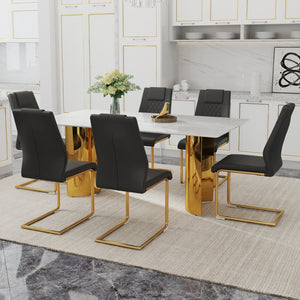 English Elm Table With Glass Top & 6 Elegant Chairs - Modern Marble Pattern, Gold Legs, Comfortable Pu Seats W1151S04347-GIGA