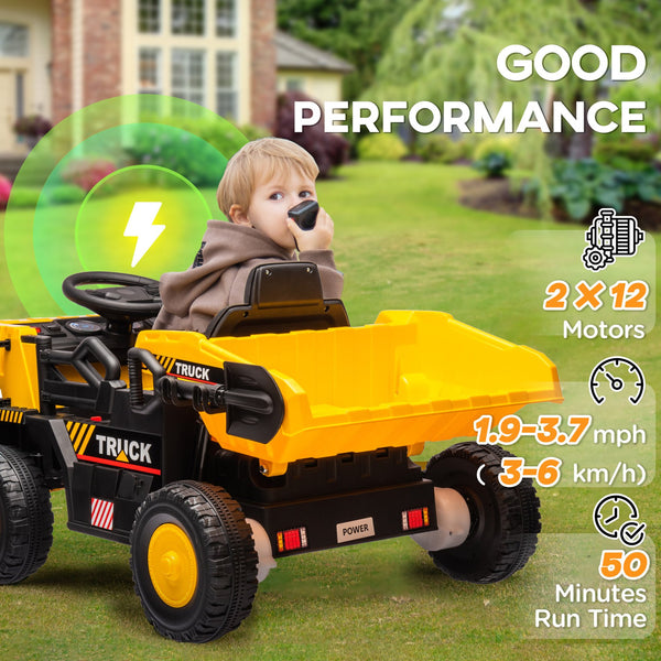 English Elm Qaba 12v Kids Dump Truck Ride on with Electric Bed Shovel and Spring Suspension W2225P249822