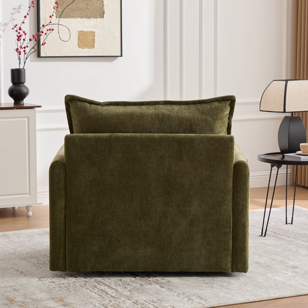 English Elm UNITED Swivel Barrel Chair with Chenille Upholstery, 360° Smooth Rotation, Padded Arm Comfort and Side Pockets for Living Room Relaxation Olive Green W1568P290086