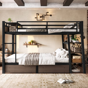 English Elm Full Size Metal Loft Bed with Stair Storage Shelves Bookshelf for Dorms Bedroom W1580S00347