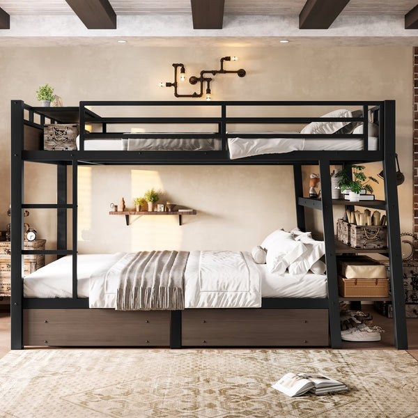 English Elm Full Size Metal Loft Bed with Stair Storage Shelves Bookshelf for Dorms Bedroom W1580S00347