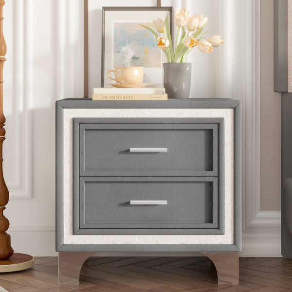 English Elm Mid Century Nightstand Velvet 2-Drawer Bedside Table with Metal Legs, Retro Space-Saving Storage and Durable Finish Gray 23.5 L x 19 W x 17 H N733P183659E
