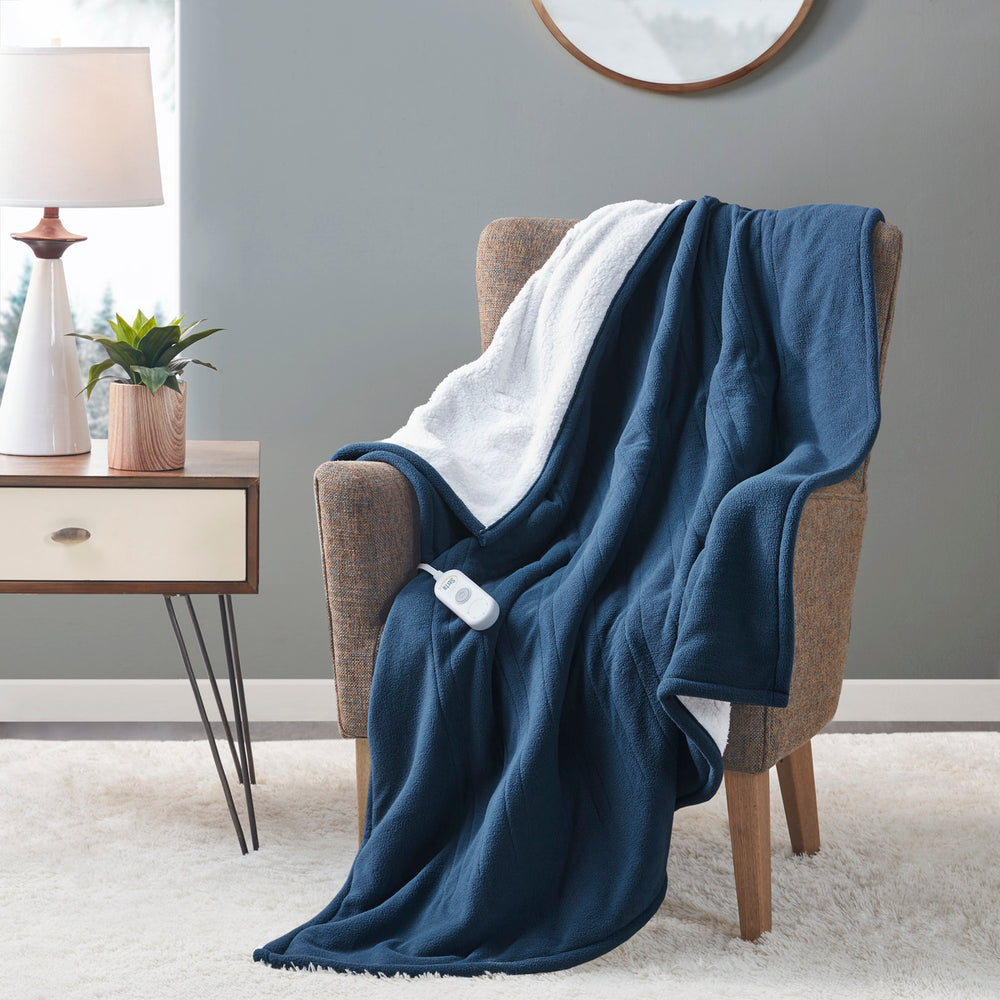 JLA Home Serta - Heated Plush Sherpa Throw with 5 Heat Settings, 3-Hour Auto Shut-Off, Machine Washable Comfort Blue ST54-0078