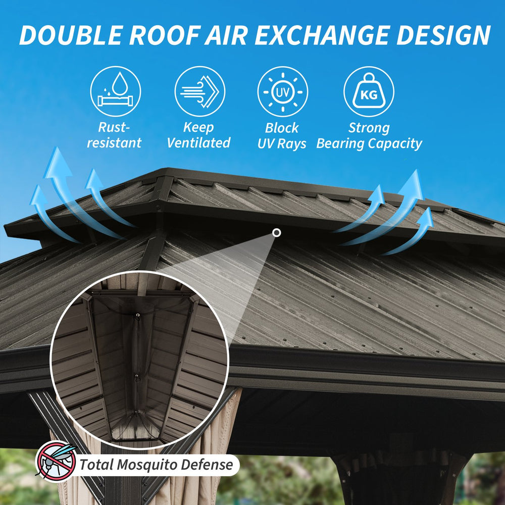English Elm 12' X 14' Hardtop Gazebo with Drainage, Dual-Layer Galvanized Roof, Curtains & Mesh, Brown - Durable Outdoor Shelter for Patio and Garden (UV, Mosquito-Proof) W1859S00140