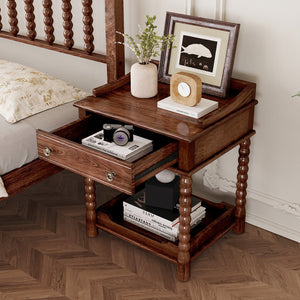 English Elm Retro Bedside Nightstand with Turned Rubberwood Legs Open Shelf and Drawer Storage Walnut N733P206240D