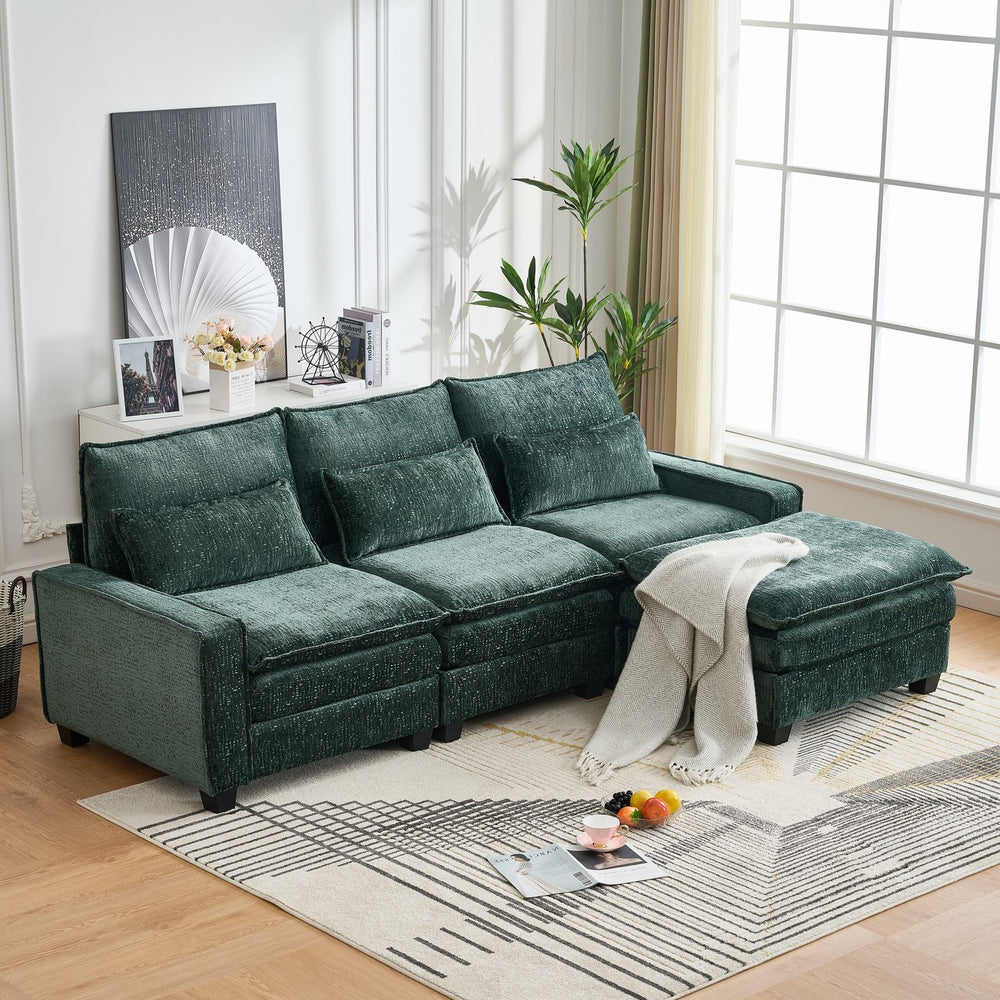 English Elm 99'' Sectional Cloud Deep Seat Couch - Plush Chenille 4-Seat L-Shaped Sofa with Movable Ottoman, Stain-Resistant Comfort and Ergonomic Lumbar Support Green W3373S00025