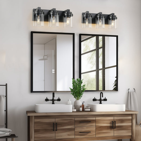 English Elm 3 Light Matte Black Vanity Light with Clear Glass Shades, Farmhouse Waterproof LED Fixture for Bathroom Hallway Vanity Mirror W2312P389977