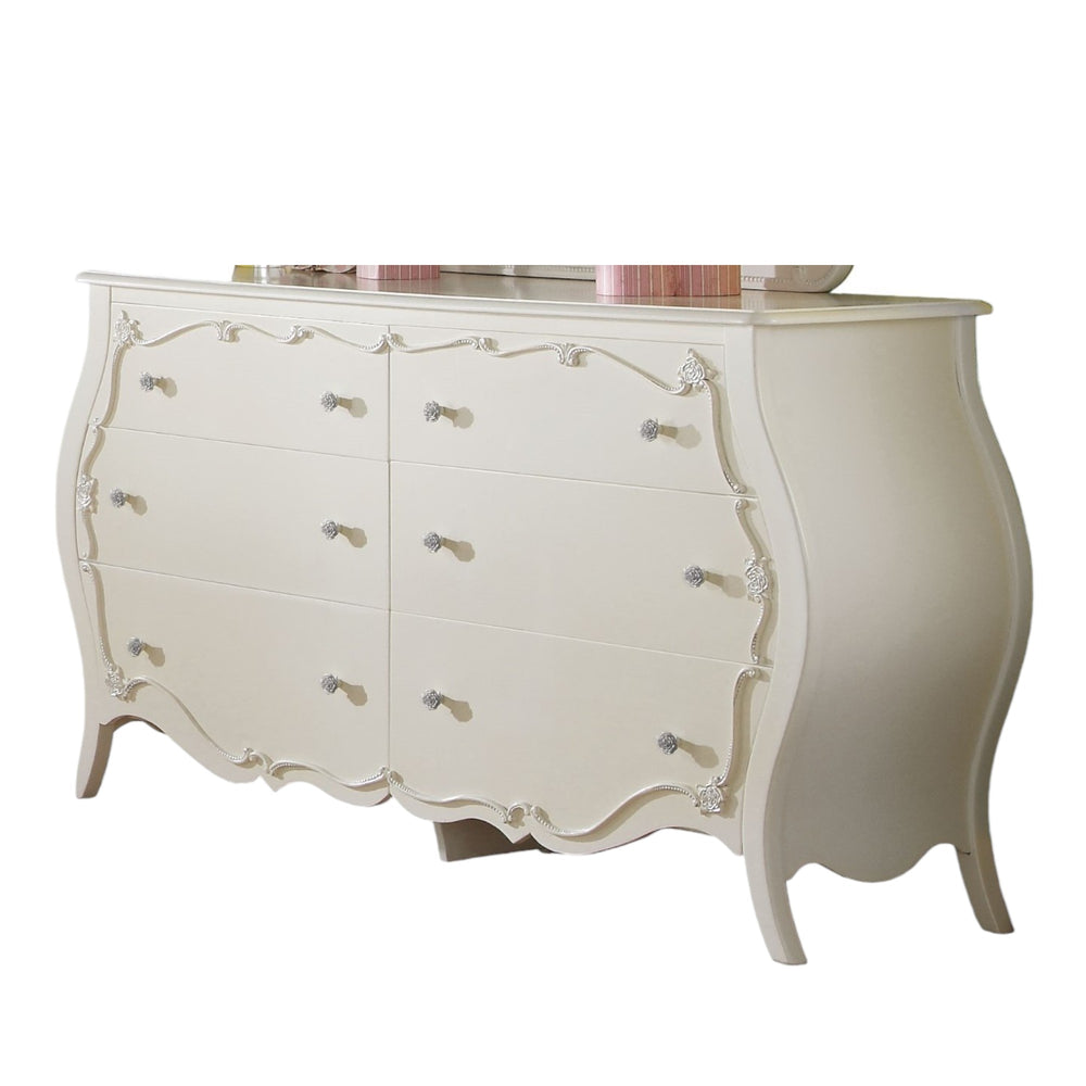 English Elm Edalene Elegant Pearl White Dresser with Scrolled Rose Inlay, Nickel Rose Hardware, 6 Smooth Drawers B2726P261908