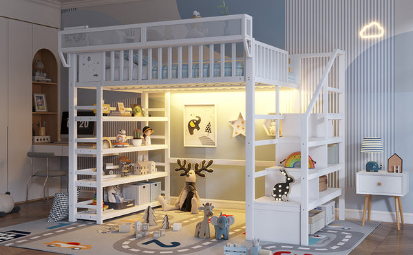 English Elm Full Metal Loft Bed with Stair Storage Rgb Lighting and Charging Station for Teens White W2580S00075