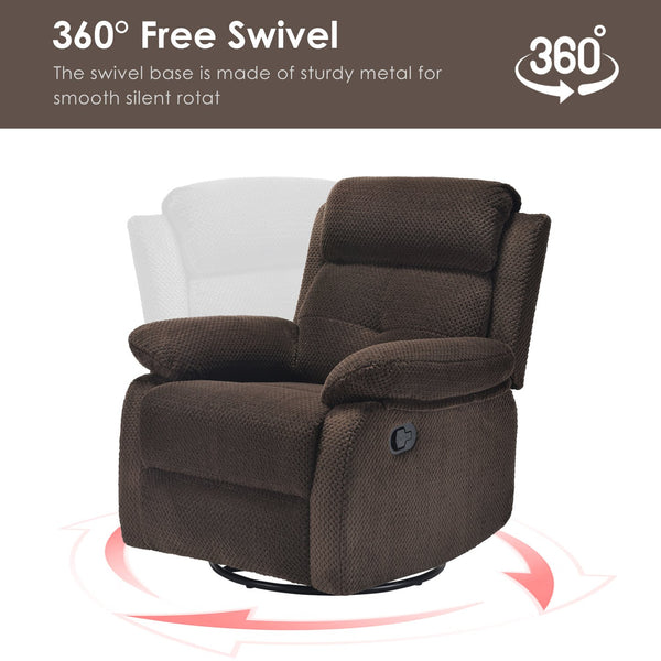 English Elm Small Rocker Swivel Recliner Chair with 360° Swivel, 30° Rocking and Adjustable 90–150° Recline Comfortability Chocolate T3623P380414