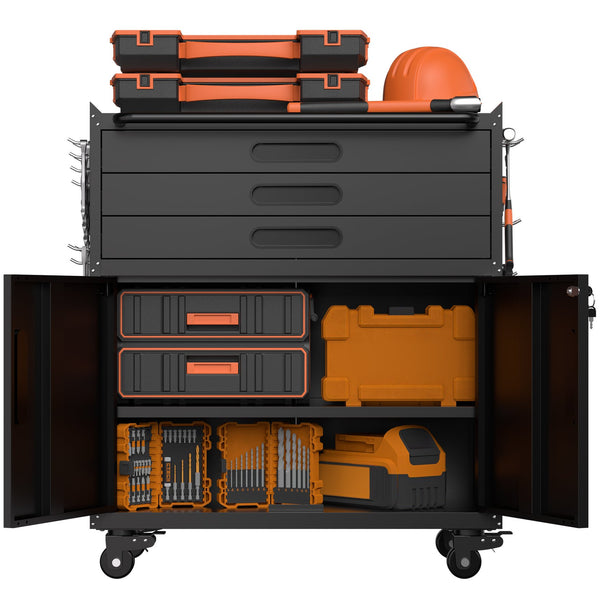 English Elm 34.3" Rolling Steel Workshop Cabinet with 3 Drawers Lockable Doors and Pegboard Sides W2735P428815