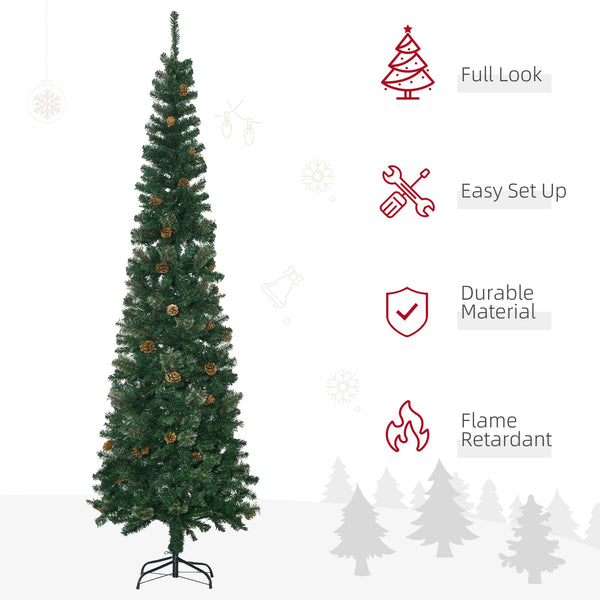 English Elm Homcom 7.5 Foot Slim Pencil Artificial Christmas Tree With Realistic Pine Needles & Pine Cones W2225P229162