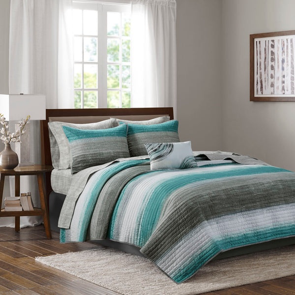 JLA Home Madison Park Essentials - 8 Watercolor Stripe Quilt Set with Reversible Microfiber, Cotton Sheets, OEKO-TEX, Antimicrobial Freshness MPE13-808