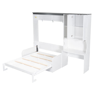 English Elm Multi-functional Queen Murphy Bed with Sofa Desk and Cabinet White Wood Frame N7090000606K-1