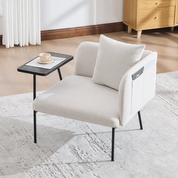 English Elm Leisure Linen Accent Chair with Built-in Side Table Pockets and Lumbar Pillow Modern Beige W395P453307